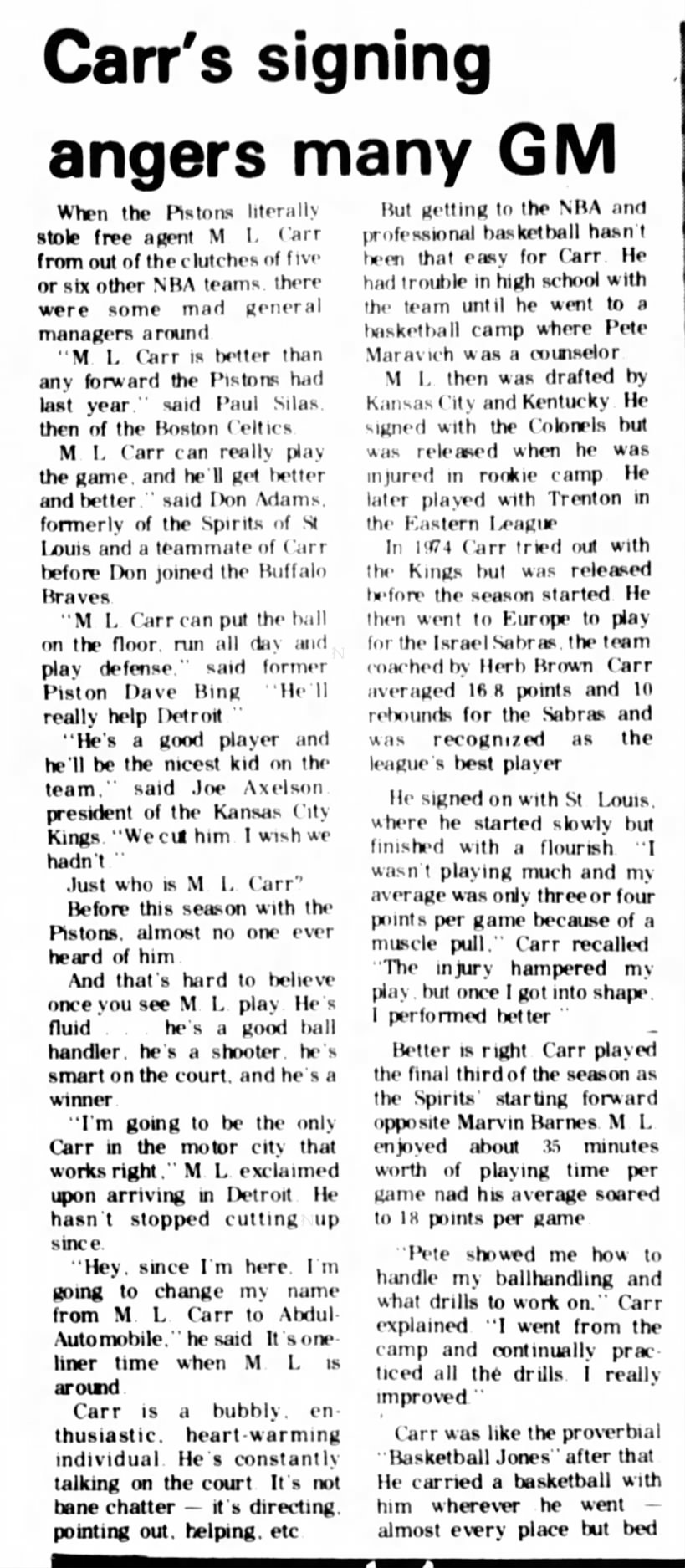 M.L. Carr signs with NBA Dec '76