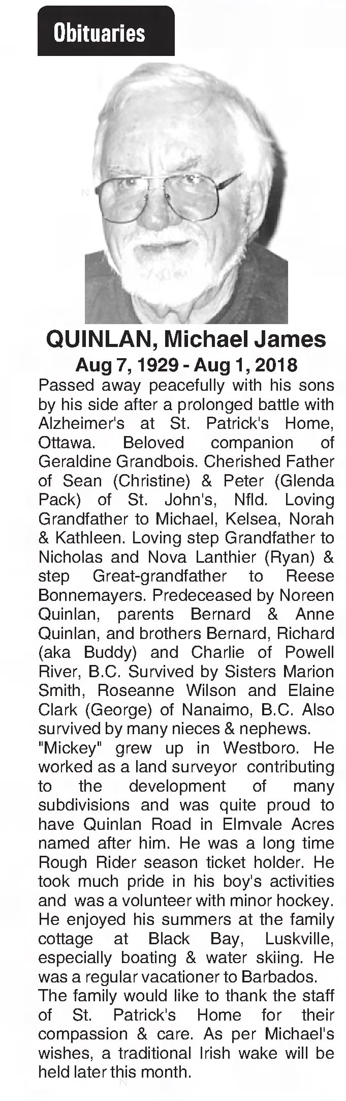 Obituary for Michael James QUINLAN, 1929-2018
