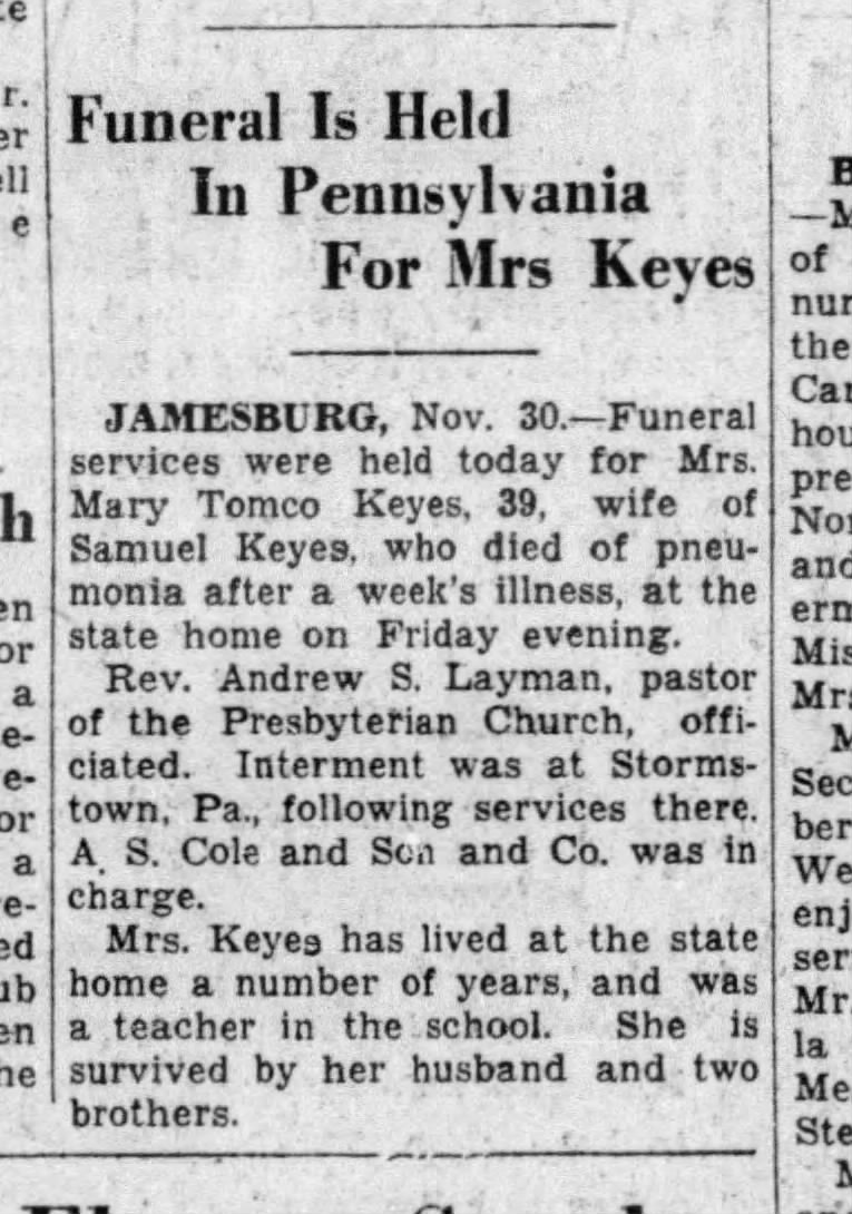 Funeral of Mrs. Mary Tomco Keyes (wife of Samuel Keyes, daughter of Andrew & Mary Tomco)
