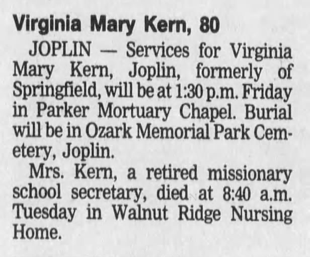 Virginia Mary Kern death notice