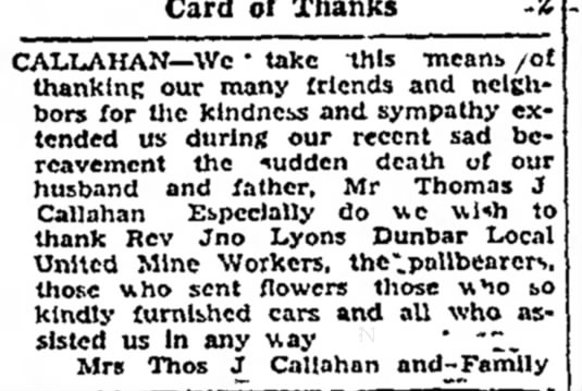 Thomas Callahan Sympathy Thank You