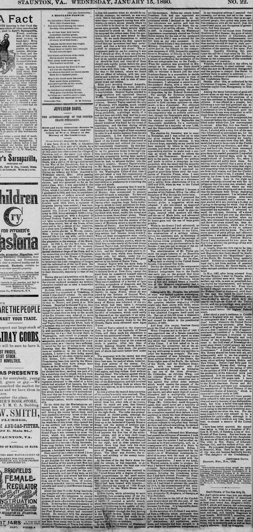 Jefferson Davis---Staunton Spectator, VA, 15 JAN 1890