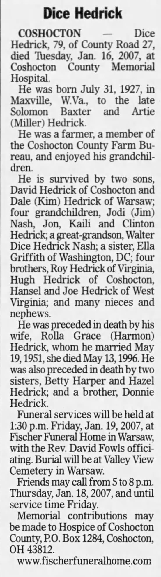 Dice Baxter Hedrick obituary