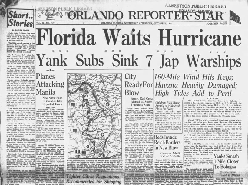 Hurricane hits Florida in October 1944