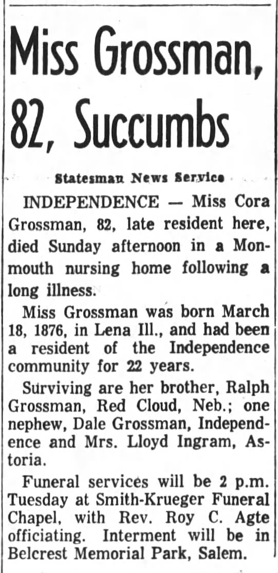 Miss (Cora) Grossman, 82, Succumbs