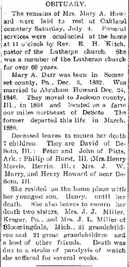 Mary A Howard Obituary 8 Jul 1908