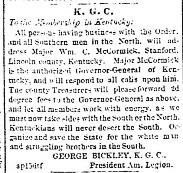 Southern sentiment in Stanford, KY in April of 1861