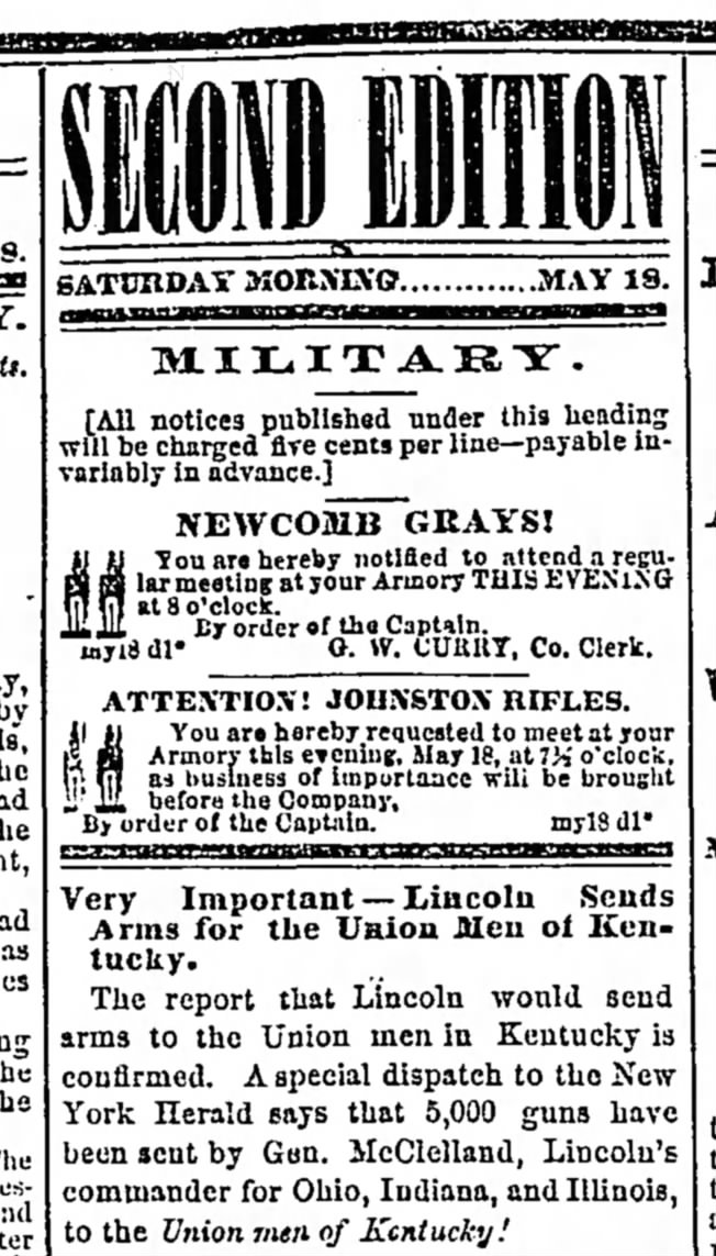 Lincoln sends rifles to Kentucky - noted in the 18 May Daily Courier