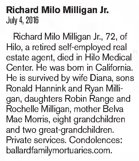 Obituary for Richard Milo Milligan (Aged 72)