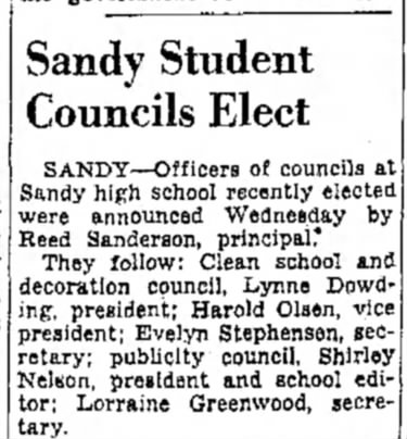 1943 Lorraine Greenwood Sec of Clean School and Decoration Council. SL Trib, 7 Oct, p. 22