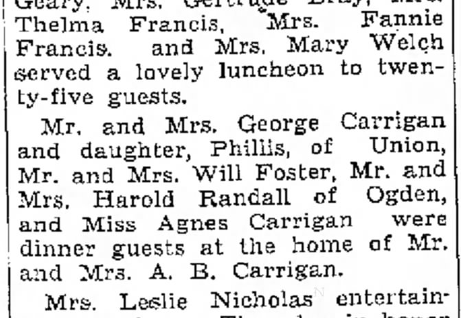 1939 George & ida Carrigan  have dinner at A.B. Carrigan's.  June 4, OSE p. 22