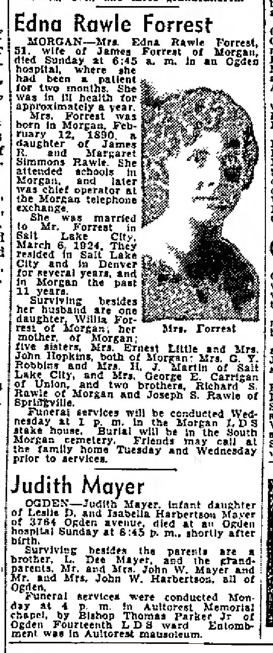 1941 Forrest, Edna Rawle obit. 10 Nov Salt Lake Telegram, p.18