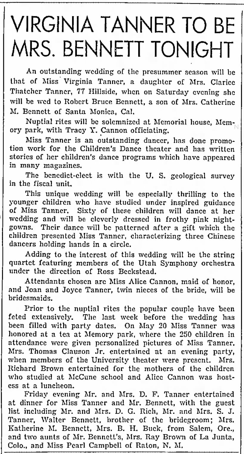 Virgnia Tanner and Robert Bruce Bennett wed.  Salt Lake Telegram 27 May 1950 p 8