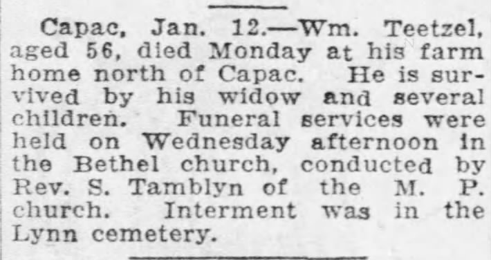 William Teetzel died 9 Jan 1922