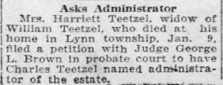 William Teetzel died 9 Jan 1922