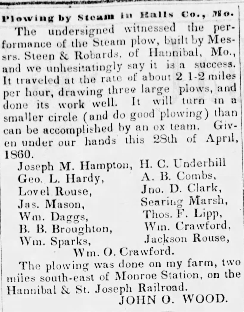 Article in Hannibal Daily Messenger  1 May 1960 about Plowing by Steam in Ralls Co. MO