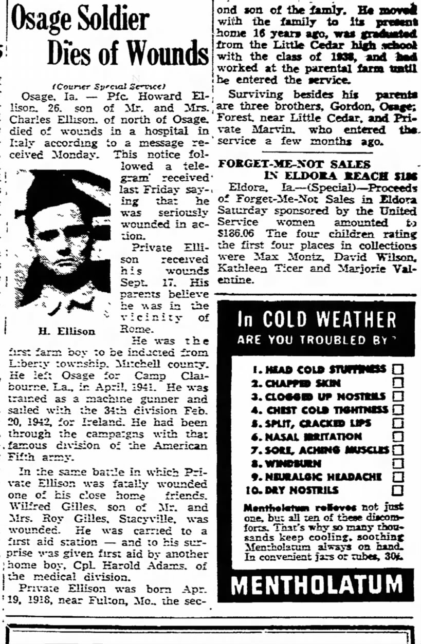 Howard Ellison dies of wounds
Waterloo Daily Courier Oct 10 1944 p. 9