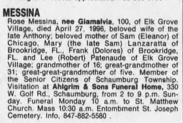 Rose Messina obituary 1996