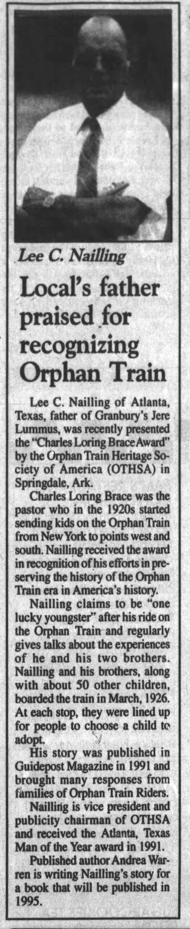 Lee Nailling, daddy's friend Granbury, TX Hood County News 15 Oct 1994