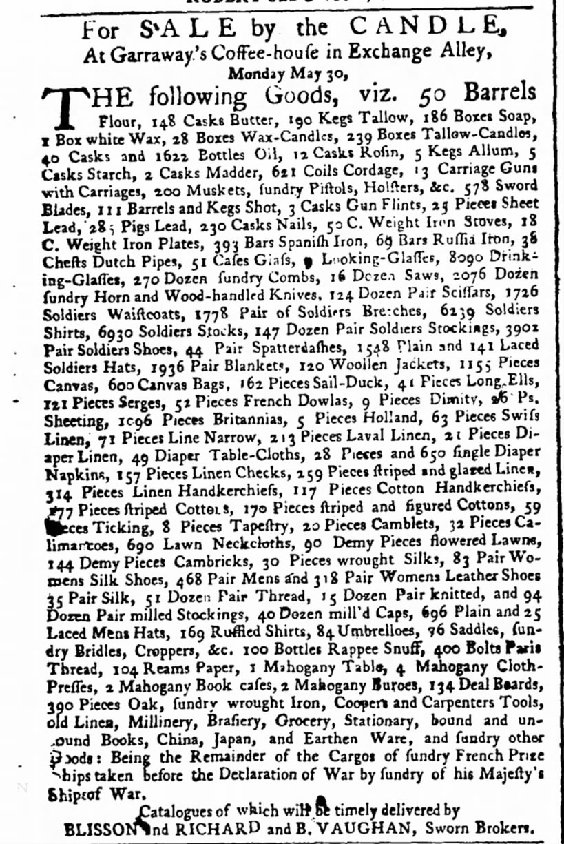 1758 materials captured in 1755(?) from French enroute to Canada