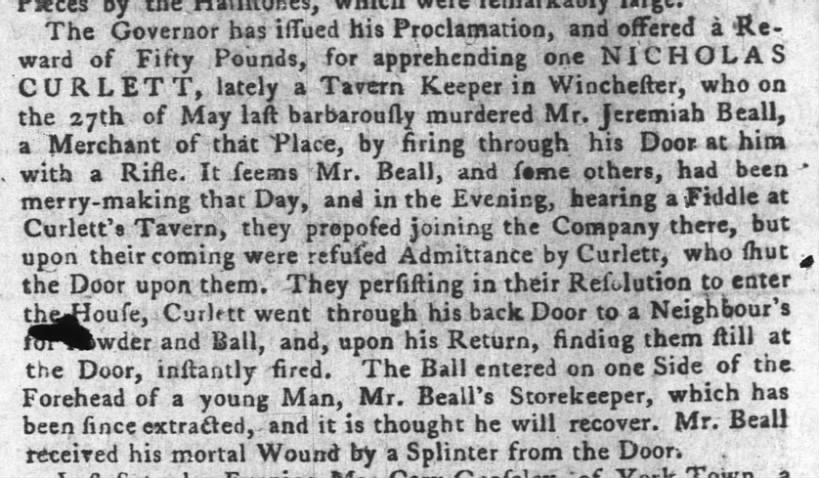 1772 Murder by rifle in Winchester Va