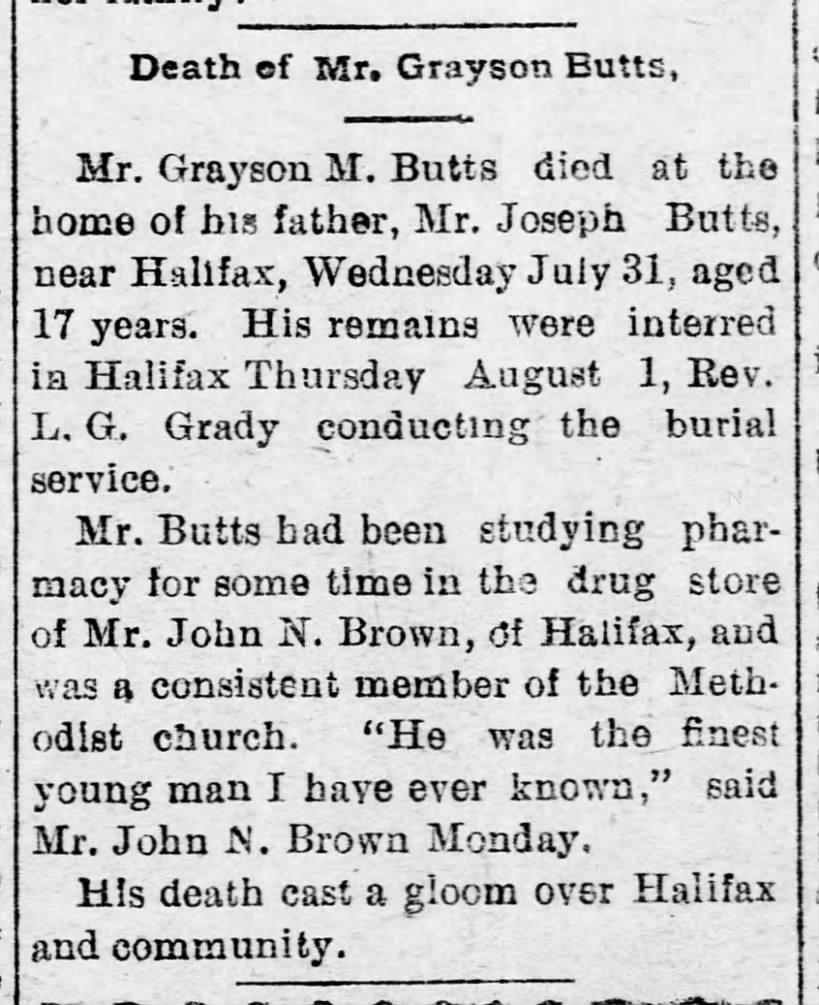 Grayson M. Butts, Death Announcement 1901