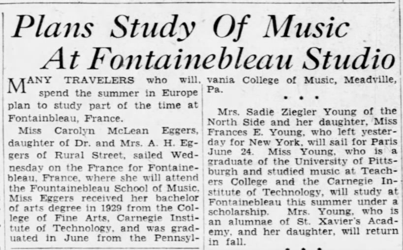 Sadie and Frances sail to Paris and stay for the summer so Frances can study Music at Fontainebleu.