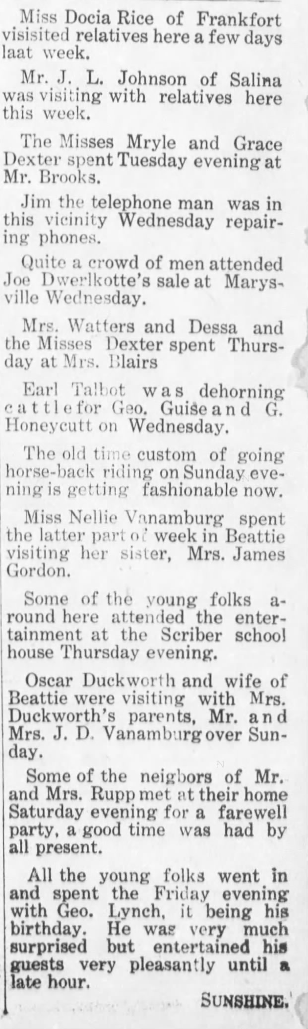 1911 3 2 Nellie visited sister in Beattie and Eva visited JD and Augusta VanAmburg 