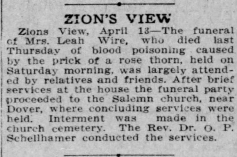 Leah Wire- Zions View Obit- 14 Apr 1914