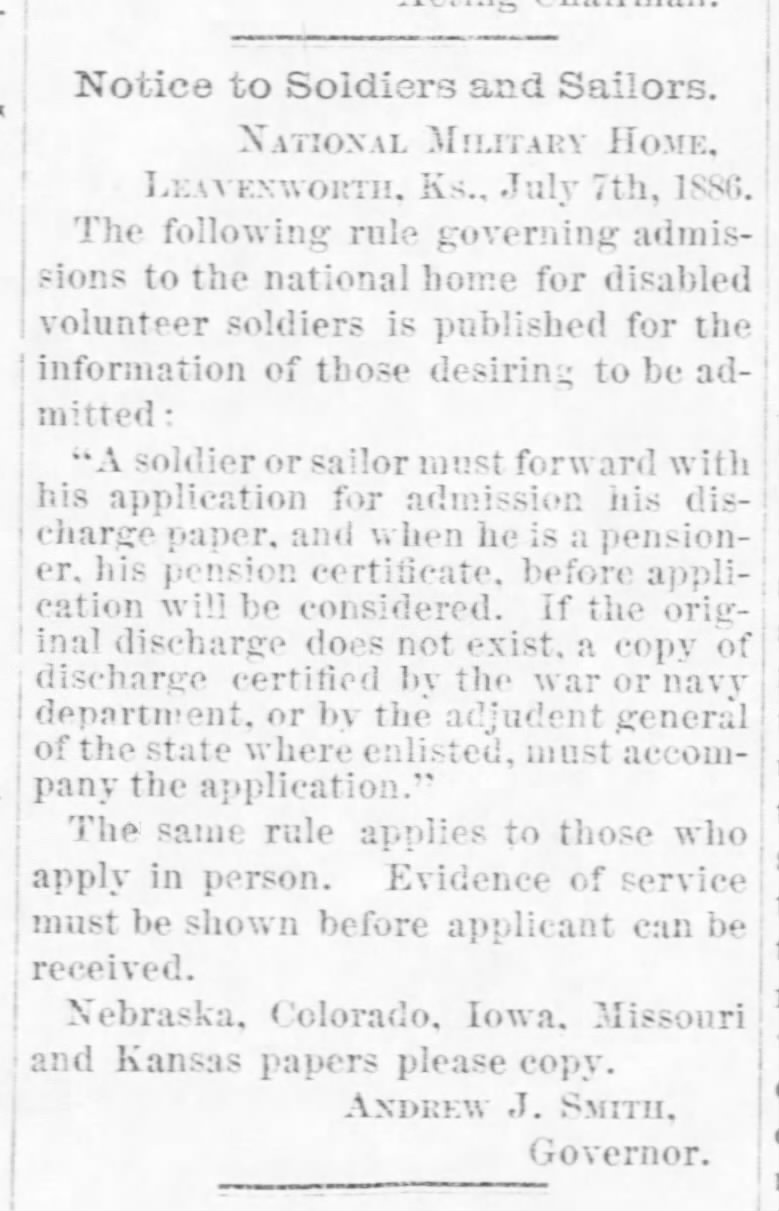 Notice to Soldiers and Sailors_National Military Home_Leavenworth