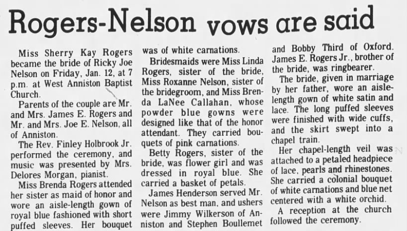 Ricky Joe Nelson marries Sherry Kay Rogers, announced 14 January 1973
