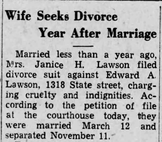 Janice Householder/Edward Lawson divorce notice. 28 Feb 1939