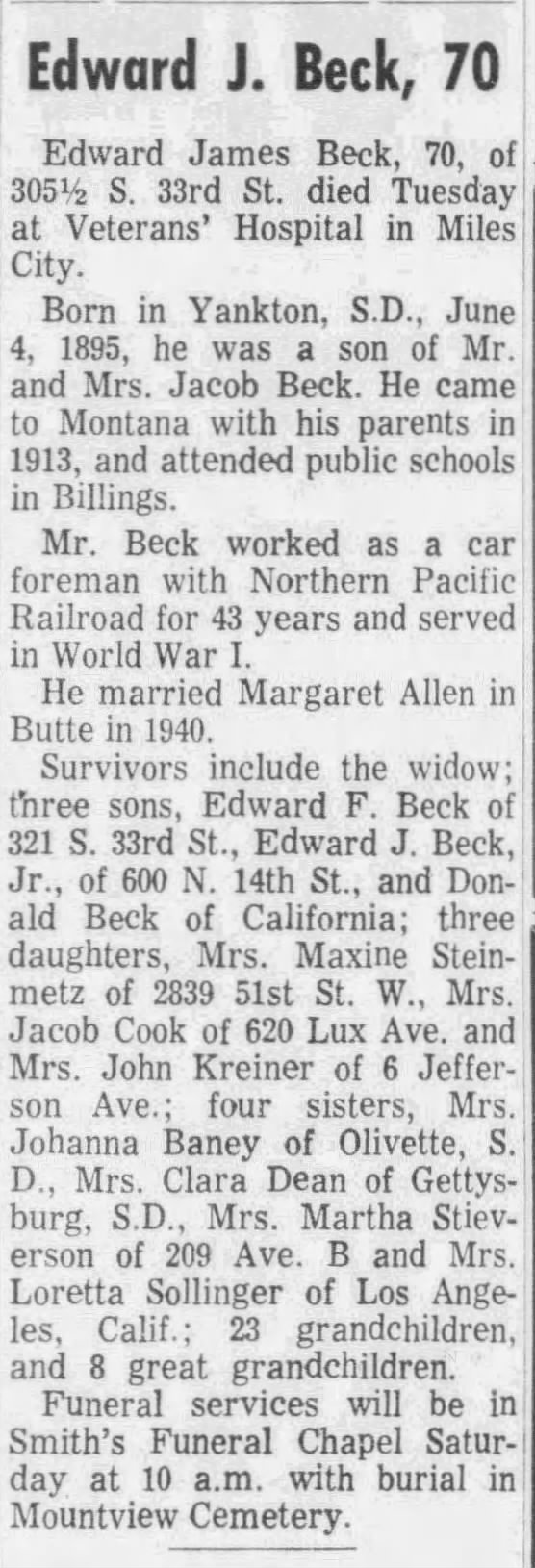 Obituary for Edward J. Beck (Aged 70)