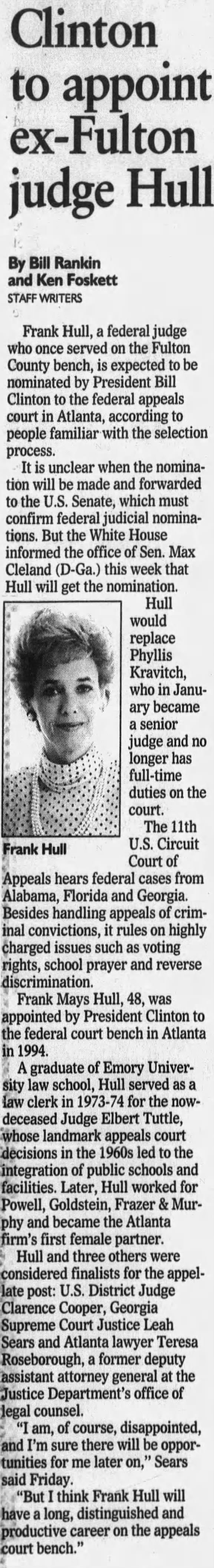 Clinton to appoint ex-Fulton judge Hull