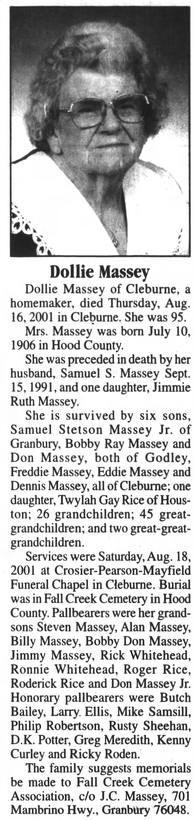 Dollie Massey Obituary; Hood County News; August 23, 2001