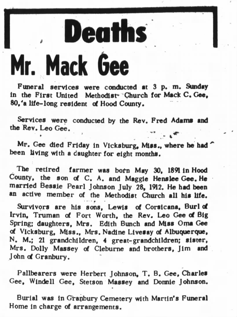 Mack Gee Obituary; Hood County News; June 1, 1972