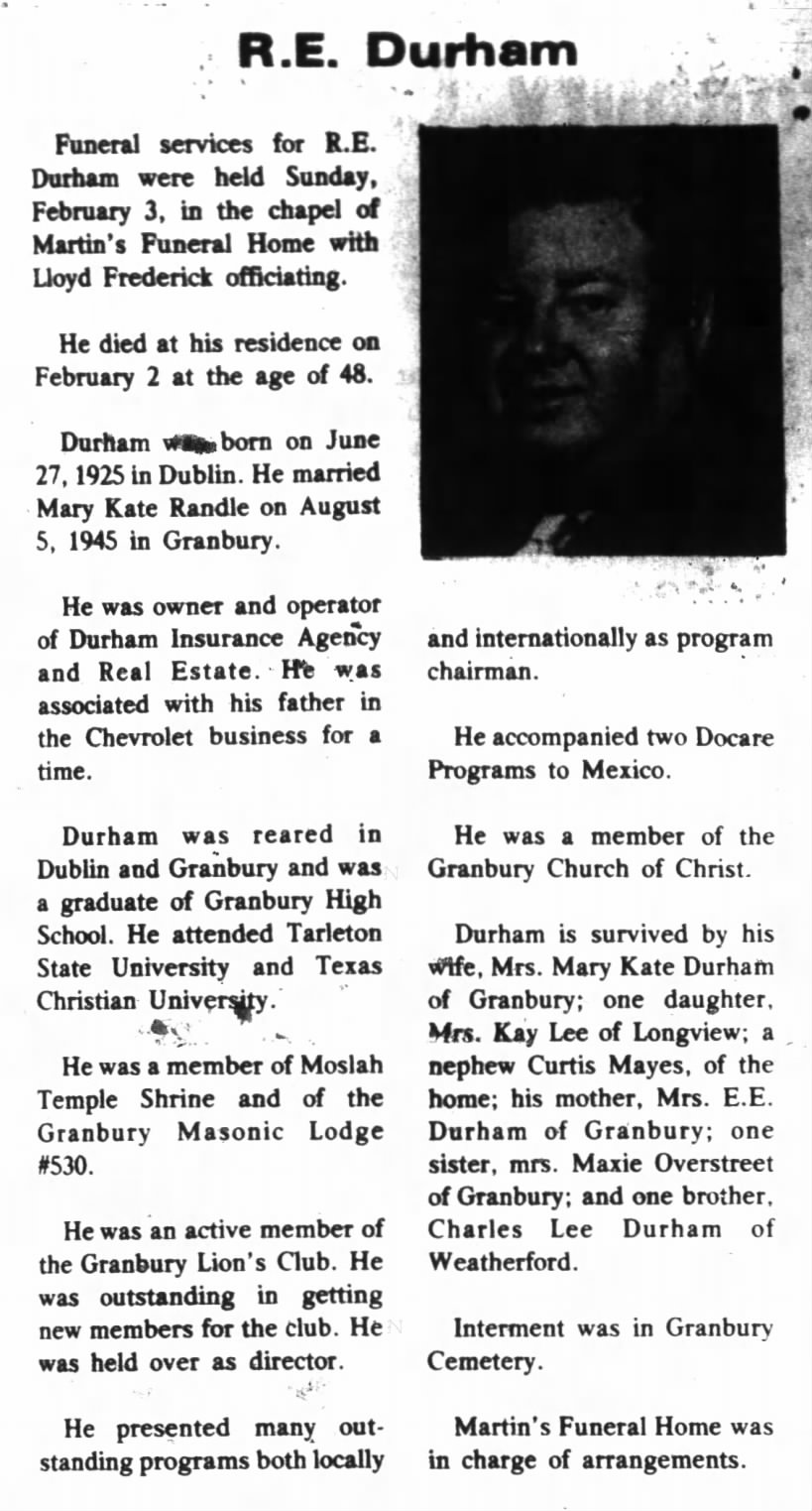Ray Durham Obituary; Hood County News; February 7, 1974