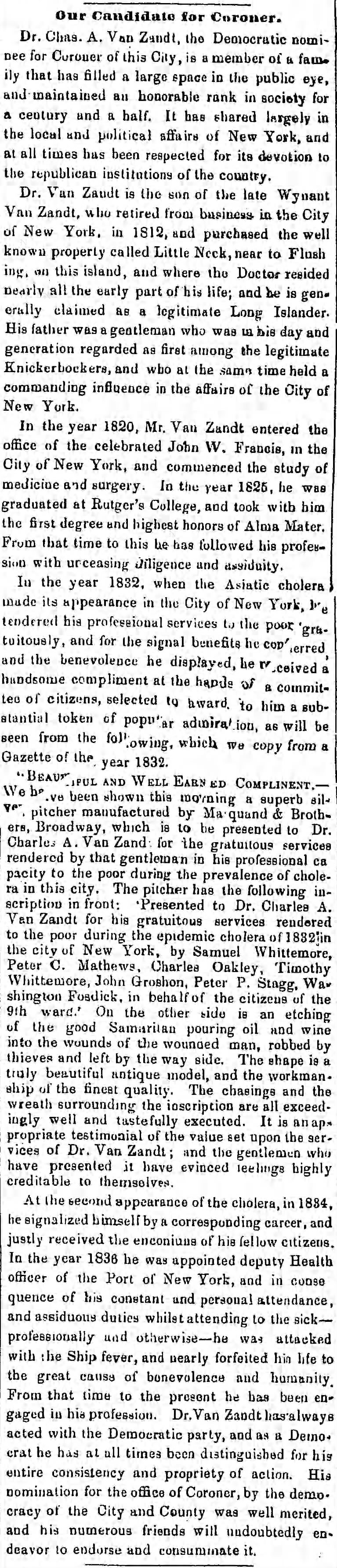 Dr. Charles A. Van Zandt - candidate for coroner, 1851