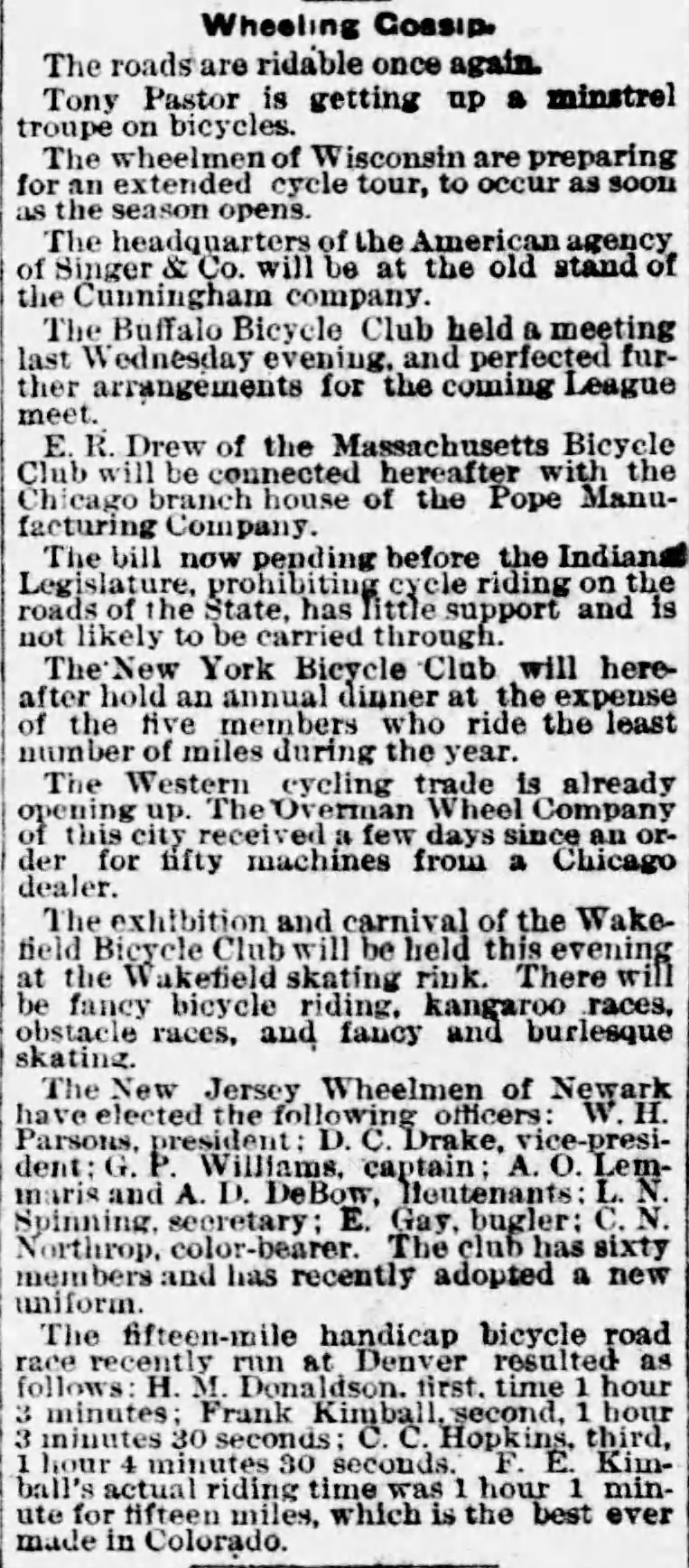 First mention of C. C. Hopkins in a bicycle race