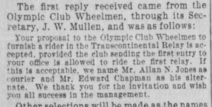 Allan N. Jones, Edward Chapman represent Olympic Club in the Transcontinental Relay