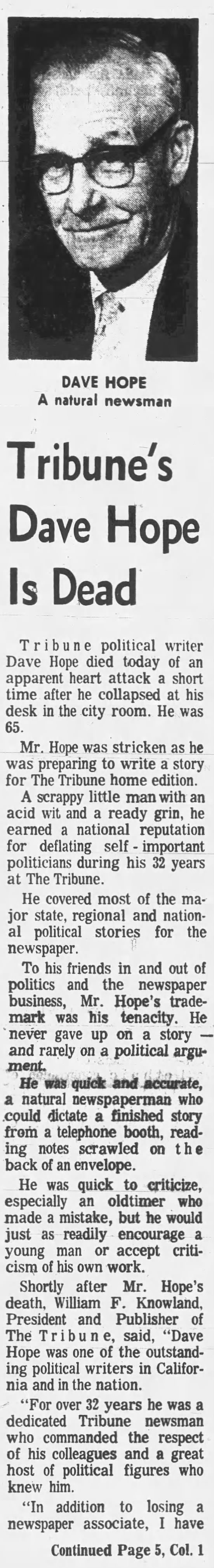 Tribune's Dave Hope Is Dead, part 1