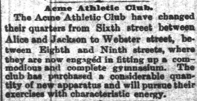 Acme Athletic Club moves, first mention?