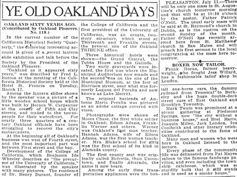 OAKLAND SIXTY YEARS AGO
No. 119
Ye Olden Oakland Days
TO BLOG