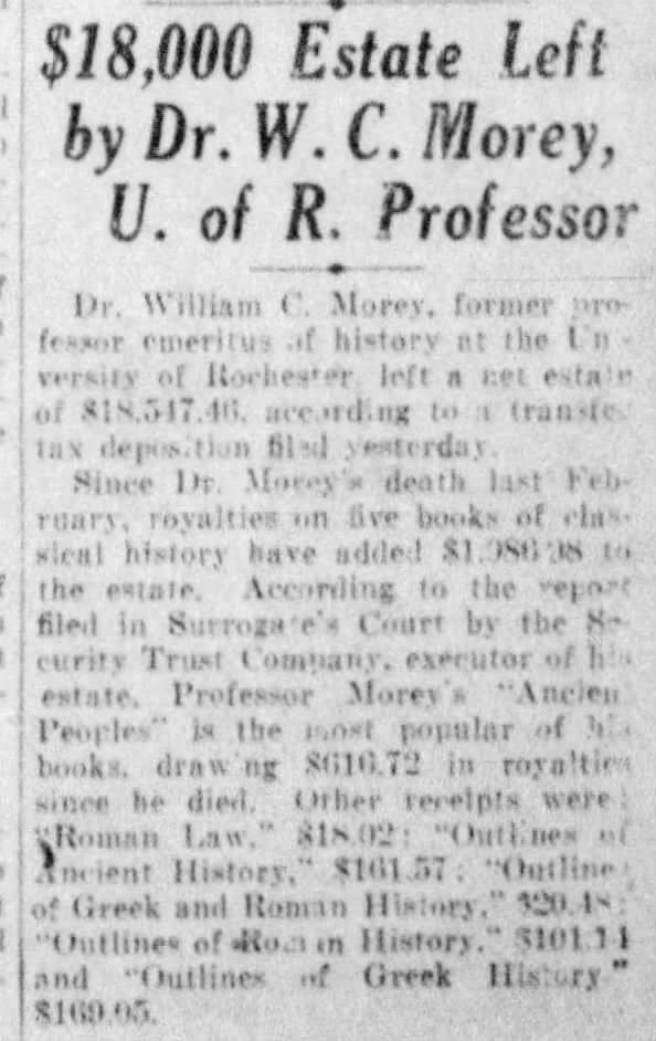 $18,000 Estate Left by Dr. W.C. Morey, U. of R. Professor,
