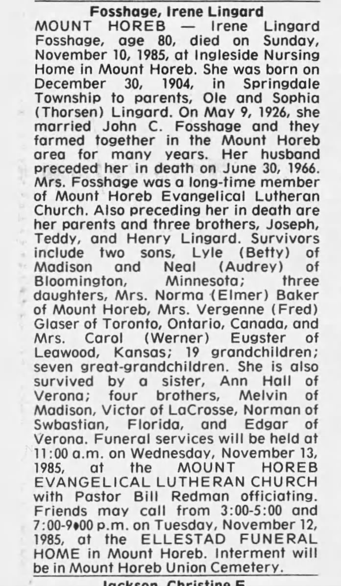 Irene Lingard Fosshage Obituary