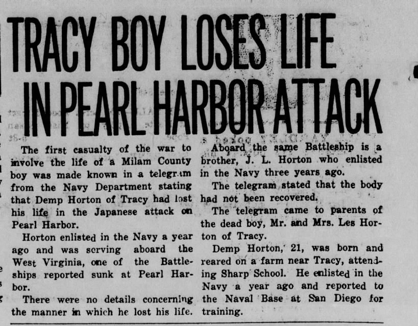 Demp Horton killed at Pearl Harbr