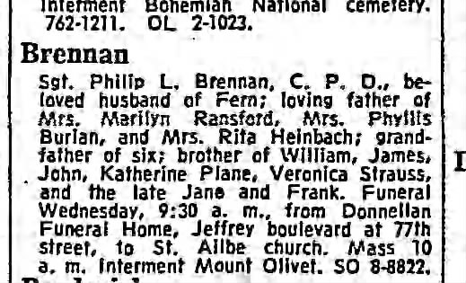 Philip L Brennan death notice.  1965