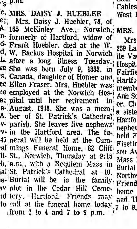Daisy Julie Huebler Obituary, 1967, Hartford, Connecticut