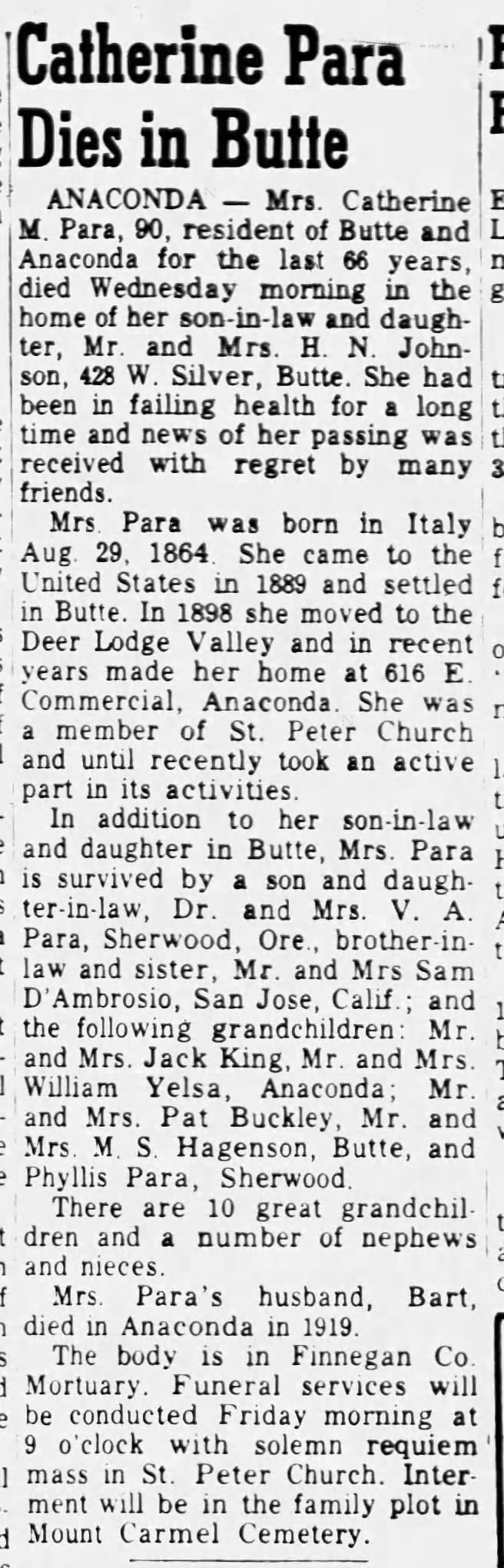 Eggen Family Tree - Catherine Para - 1955 - Obituary