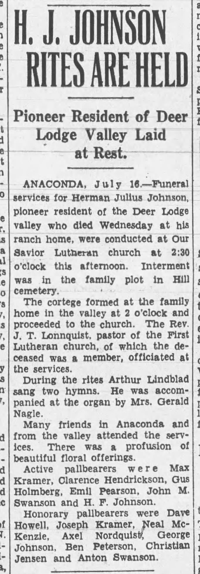 Eggen Family Tree - Herman Johnson - 1938 - Funeral